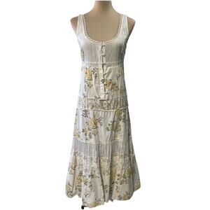 Vtg 90s Y2K Midi Fairy Cottage Dress Yellow Roses Sz S Boho Hippie Button Front